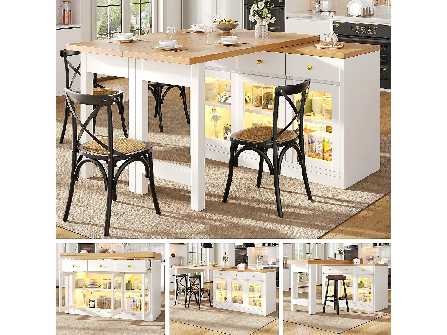 Extendable Kitchen Island 120-200 cm with LED, Modular Dining Table with 3 Soft-Close Drawers and Glass Doors - White