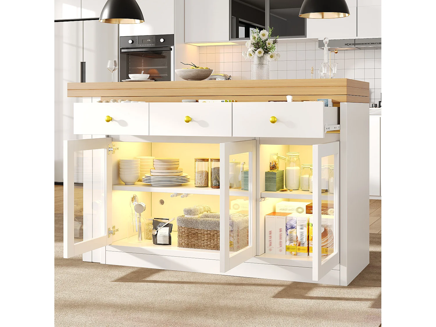 Extendable Kitchen Island 120-200 cm with LED, Modular Dining Table with 3 Soft-Close Drawers and Glass Doors - White