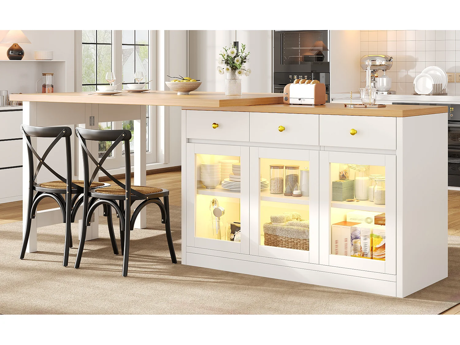 Extendable Kitchen Island 120-200 cm with LED, Modular Dining Table with 3 Soft-Close Drawers and Glass Doors - White