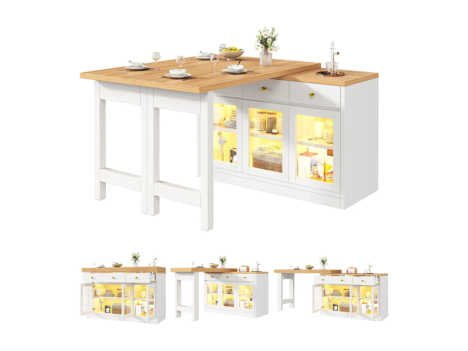 Extendable Kitchen Island 120-200 cm with LED, Modular Dining Table with 3 Soft-Close Drawers and Glass Doors - White
