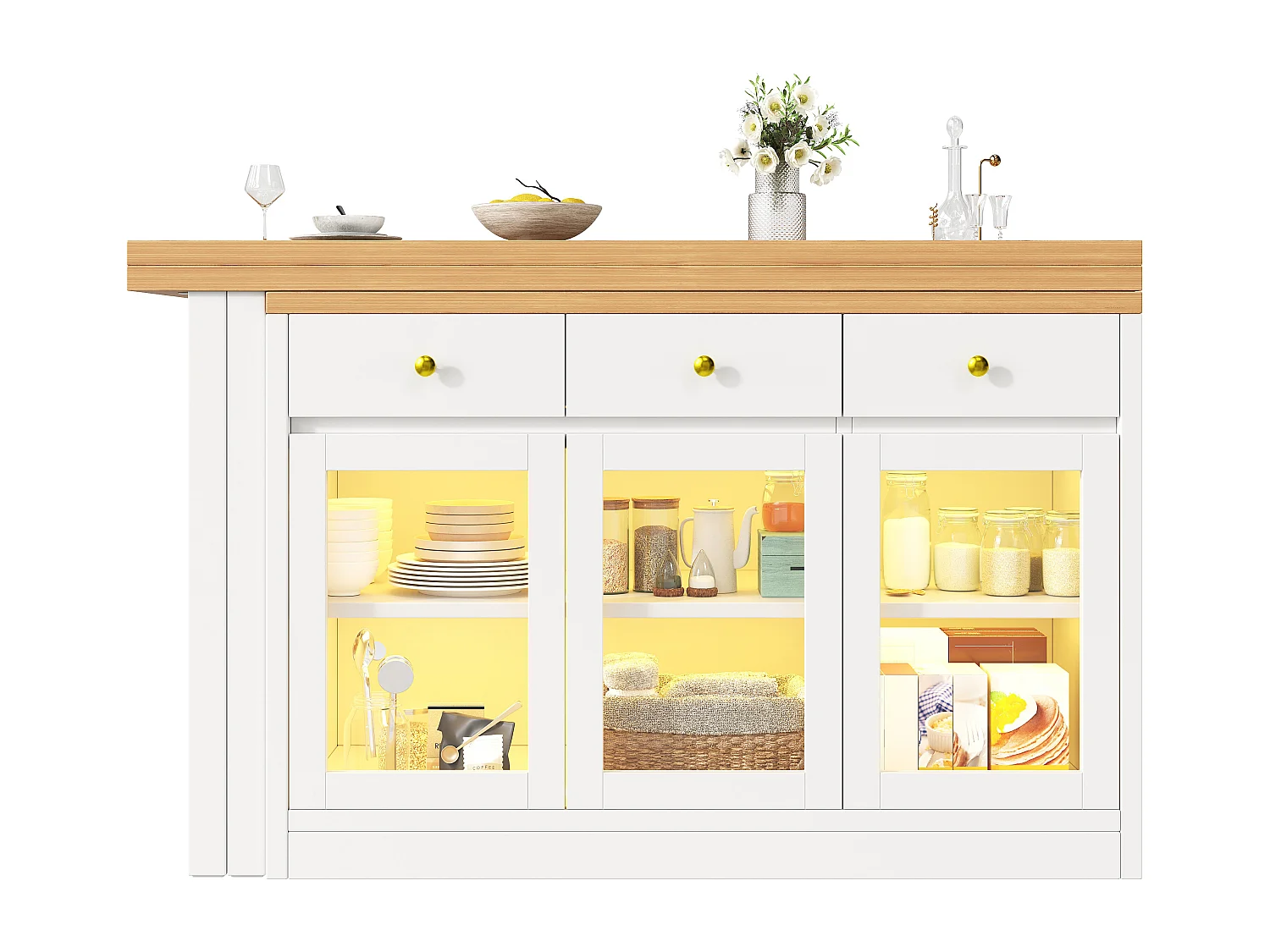 Extendable Kitchen Island 120-200 cm with LED, Modular Dining Table with 3 Soft-Close Drawers and Glass Doors - White