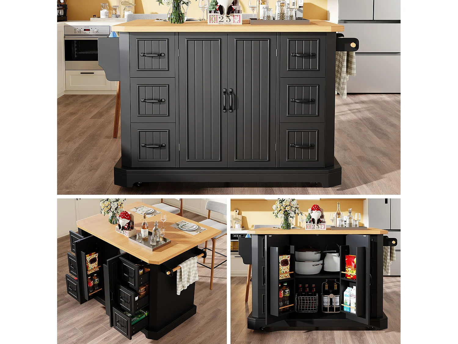 Mobile Kitchen Island - Extendable Top - 120x75x91cm - 2 Doors and 6 Drawers - with Towel Rail - Black