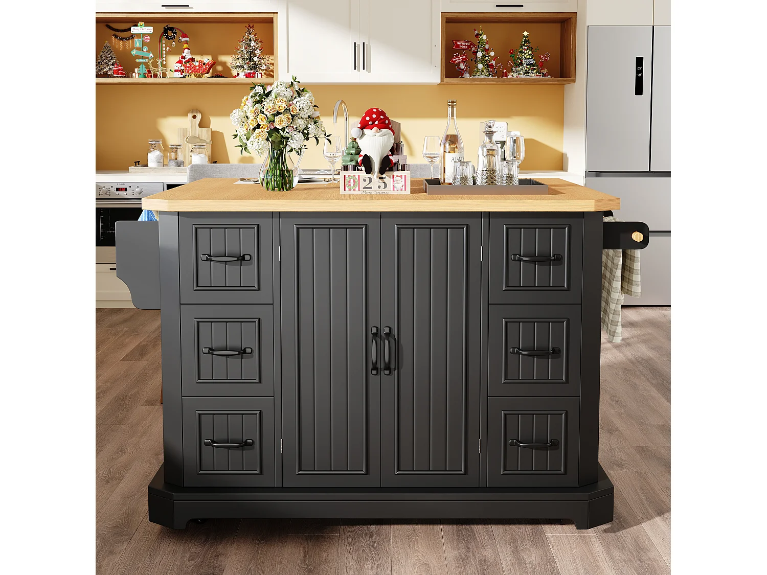 Mobile Kitchen Island - Extendable Top - 120x75x91cm - 2 Doors and 6 Drawers - with Towel Rail - Black