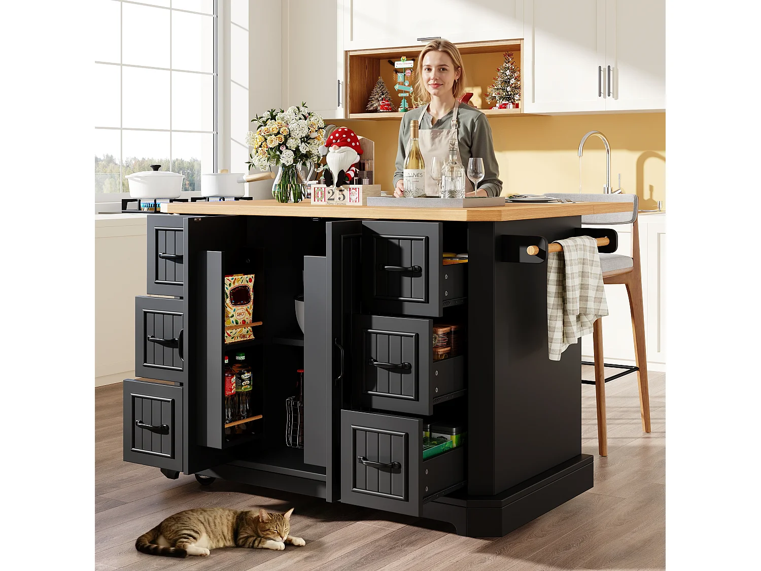 Mobile Kitchen Island - Extendable Top - 120x75x91cm - 2 Doors and 6 Drawers - with Towel Rail - Black