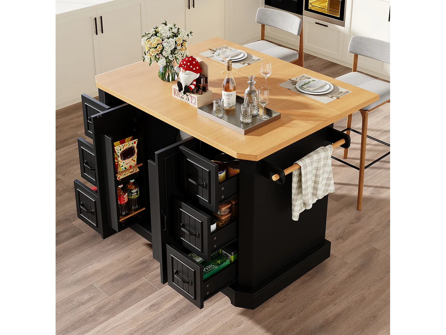 Mobile Kitchen Island - Extendable Top - 120x75x91cm - 2 Doors and 6 Drawers - with Towel Rail - Black
