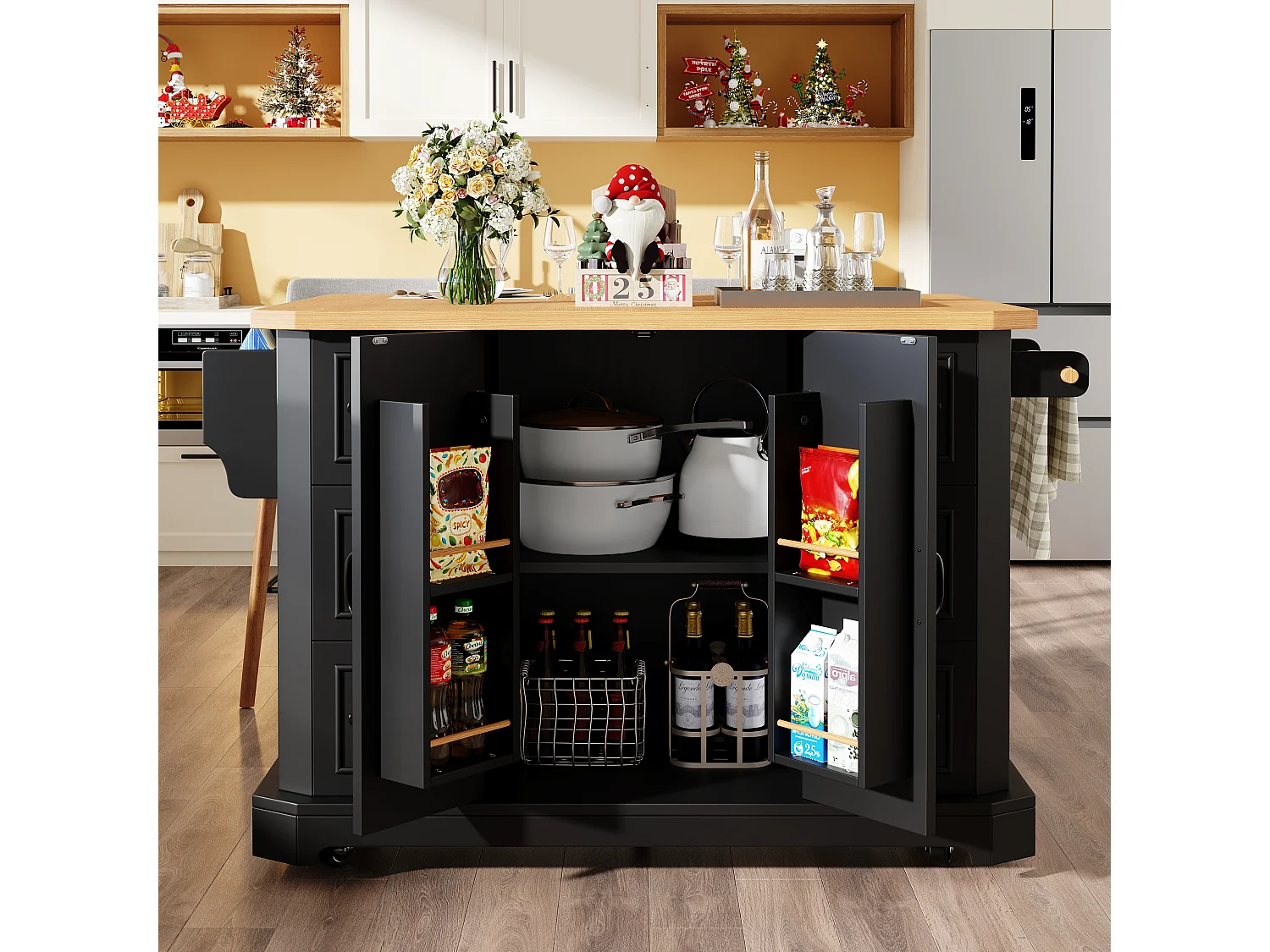 Mobile Kitchen Island - Extendable Top - 120x75x91cm - 2 Doors and 6 Drawers - with Towel Rail - Black