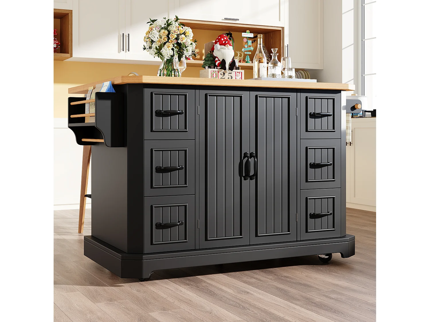 Mobile Kitchen Island - Extendable Top - 120x75x91cm - 2 Doors and 6 Drawers - with Towel Rail - Black