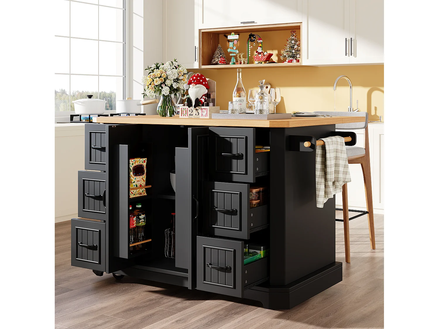 Mobile Kitchen Island - Extendable Top - 120x75x91cm - 2 Doors and 6 Drawers - with Towel Rail - Black