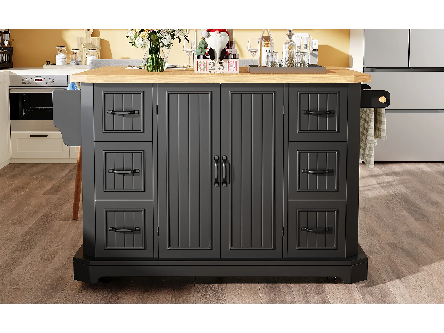 Mobile Kitchen Island - Extendable Top - 120x75x91cm - 2 Doors and 6 Drawers - with Towel Rail - Black