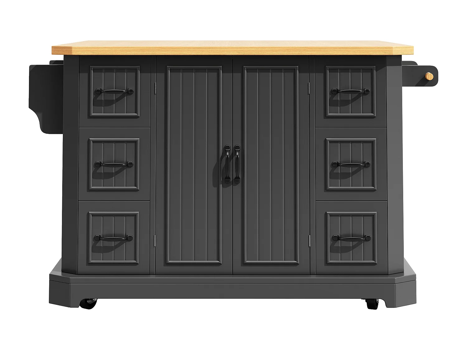 Mobile Kitchen Island - Extendable Top - 120x75x91cm - 2 Doors and 6 Drawers - with Towel Rail - Black
