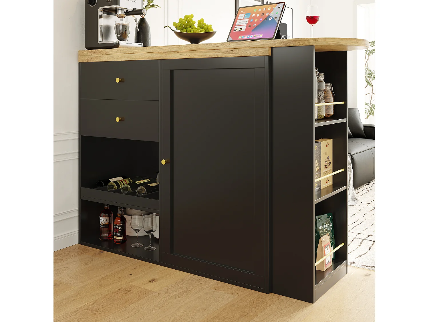 Swivel and retractable bar cabinet with 2 drawers and 6 compartments - Black