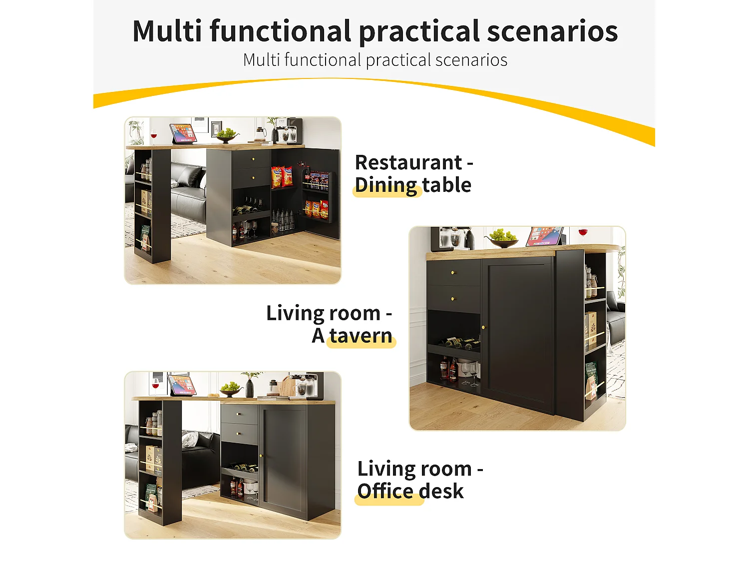 Swivel and retractable bar cabinet with 2 drawers and 6 compartments - Black