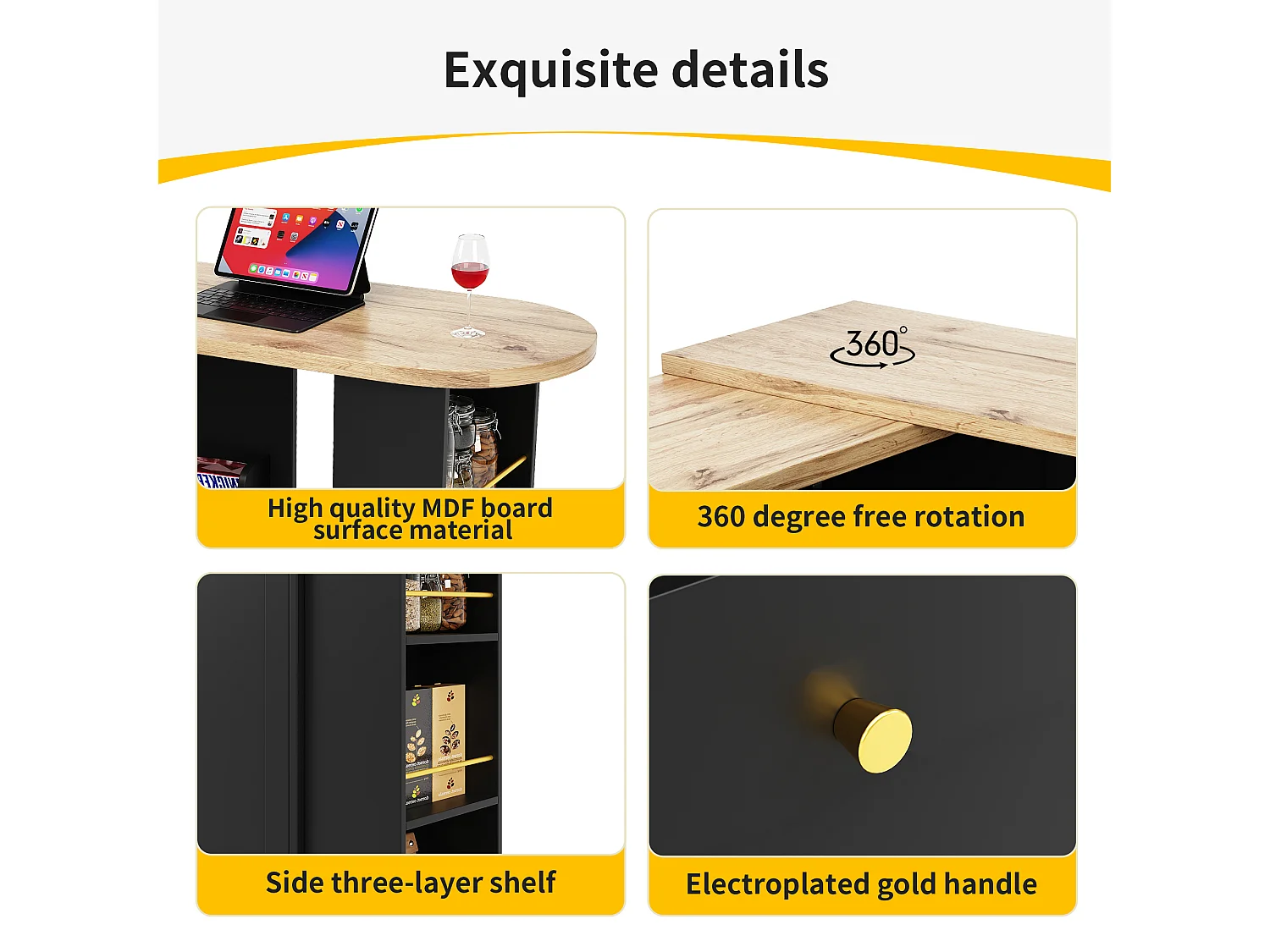 Swivel and retractable bar cabinet with 2 drawers and 6 compartments - Black
