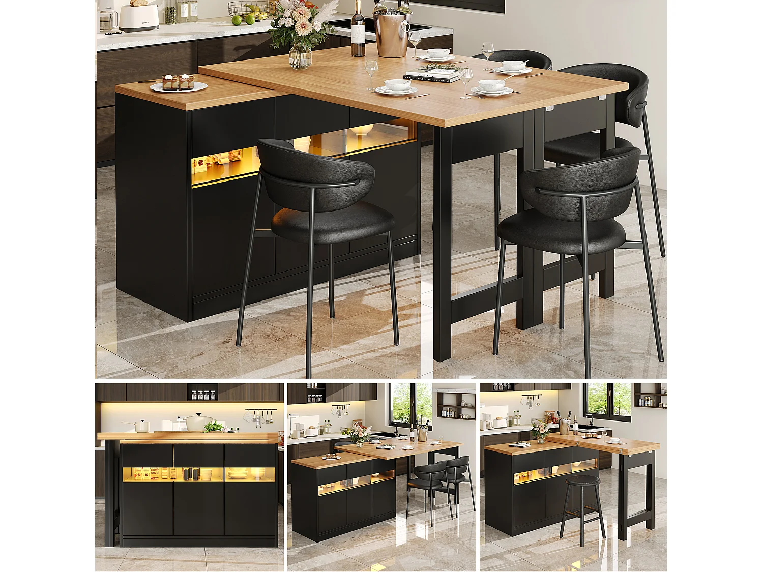 Extendable Kitchen Bar Cabinet - with LED Lighting - Large Tabletop - and 360° Rotation - 180x79.5x71.5cm - 3 Doors - Black