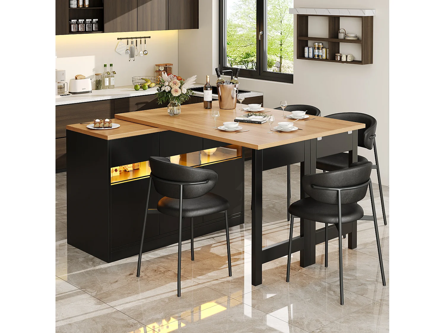 Extendable Kitchen Bar Cabinet - with LED Lighting - Large Tabletop - and 360° Rotation - 180x79.5x71.5cm - 3 Doors - Black