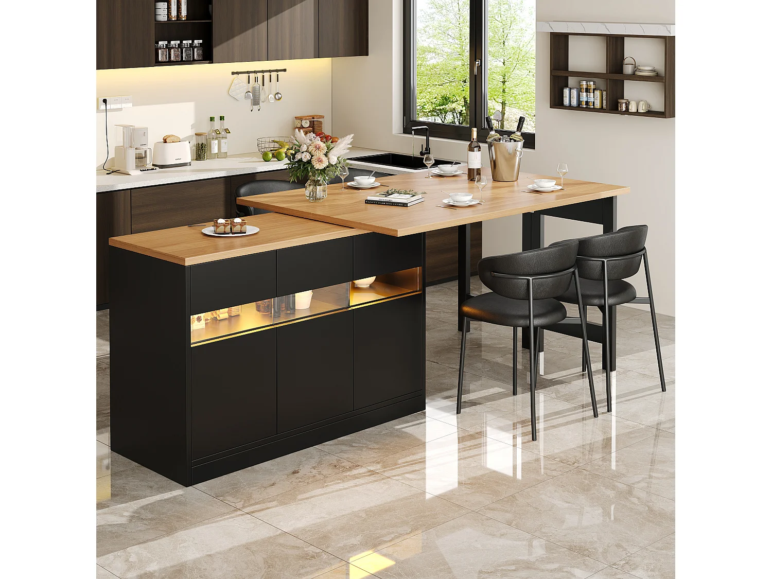 Extendable Kitchen Bar Cabinet - with LED Lighting - Large Tabletop - and 360° Rotation - 180x79.5x71.5cm - 3 Doors - Black