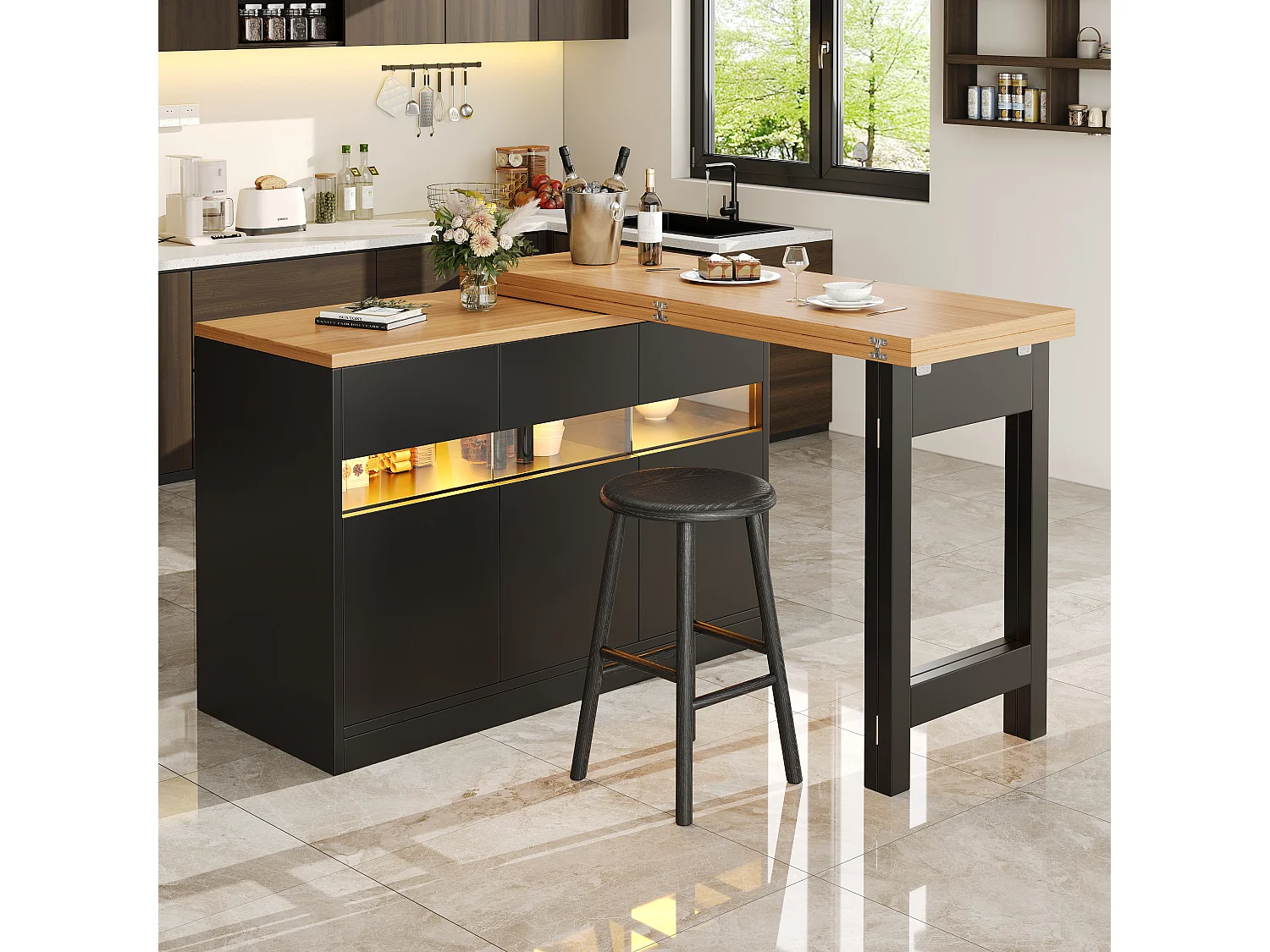 Extendable Kitchen Bar Cabinet - with LED Lighting - Large Tabletop - and 360° Rotation - 180x79.5x71.5cm - 3 Doors - Black