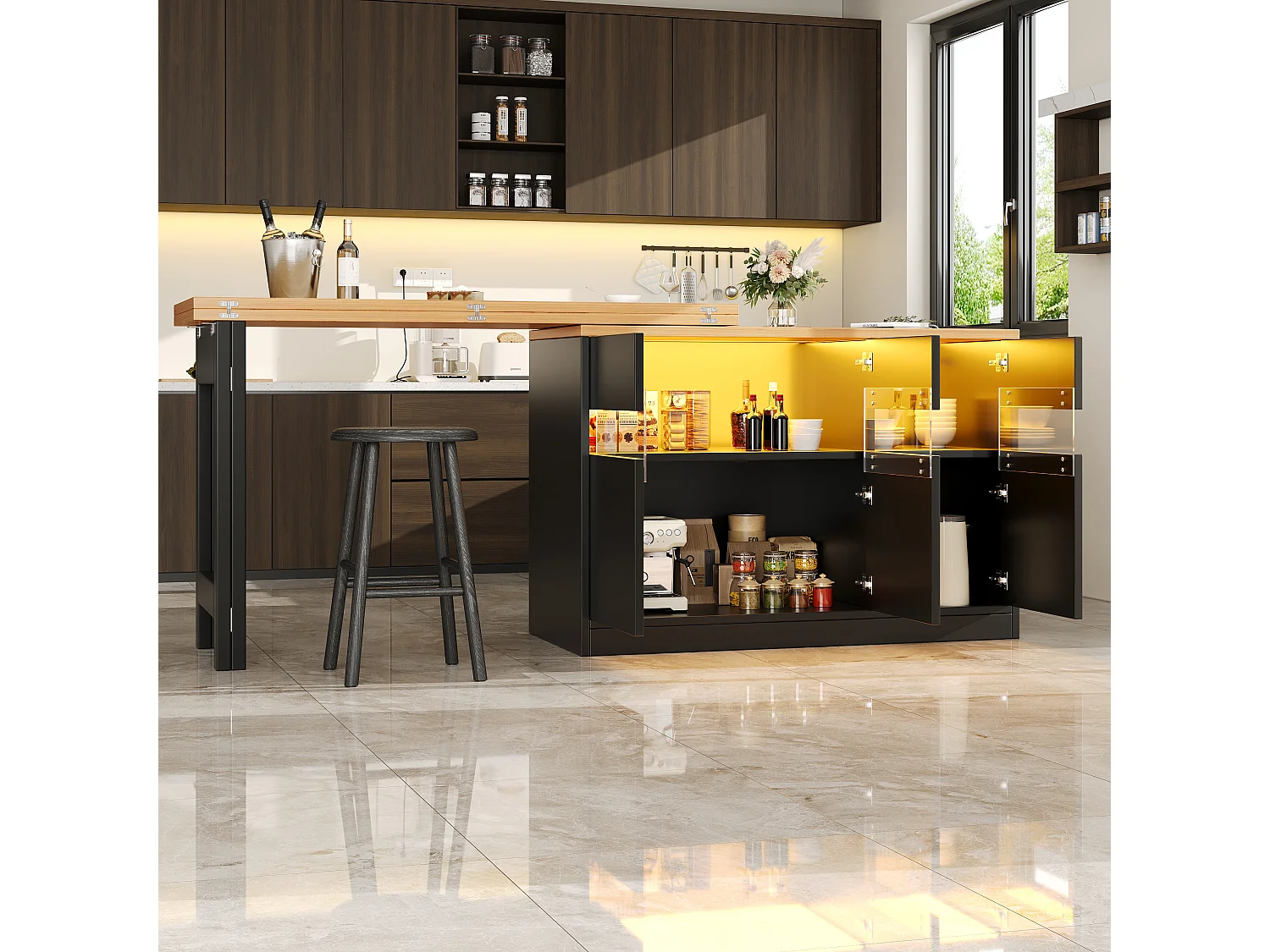 Extendable Kitchen Bar Cabinet - with LED Lighting - Large Tabletop - and 360° Rotation - 180x79.5x71.5cm - 3 Doors - Black