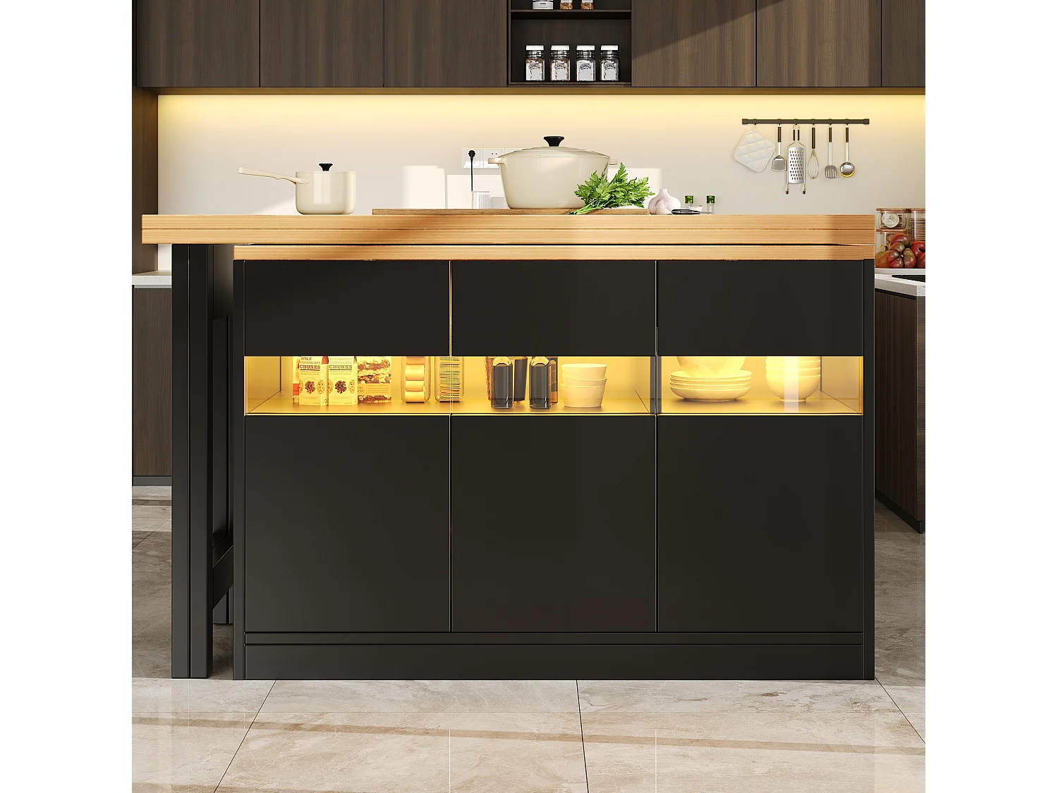 Extendable Kitchen Bar Cabinet - with LED Lighting - Large Tabletop - and 360° Rotation - 180x79.5x71.5cm - 3 Doors - Black