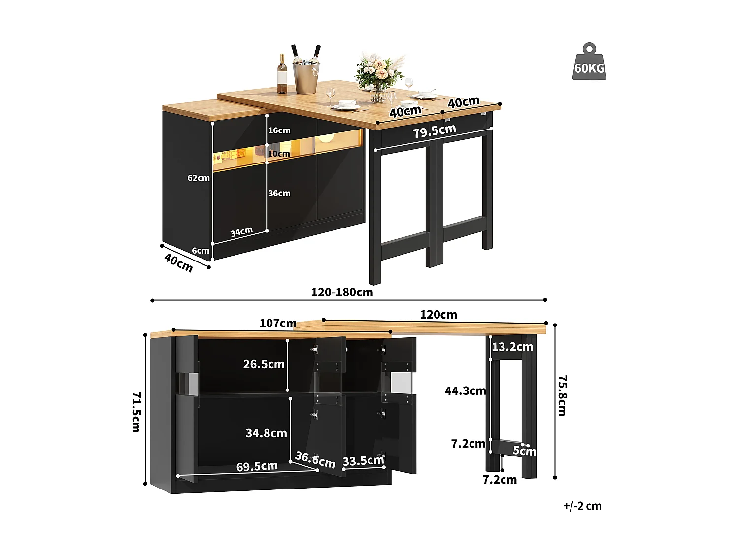 Extendable Kitchen Bar Cabinet - with LED Lighting - Large Tabletop - and 360° Rotation - 180x79.5x71.5cm - 3 Doors - Black