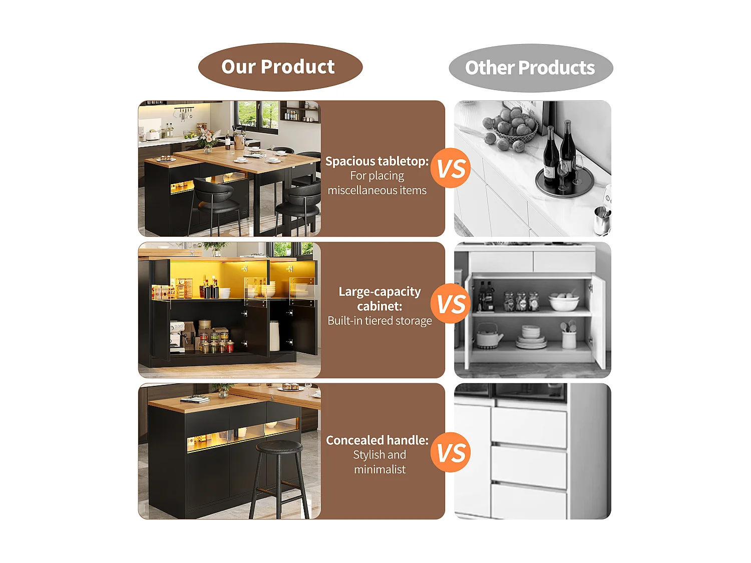 Extendable Kitchen Bar Cabinet - with LED Lighting - Large Tabletop - and 360° Rotation - 180x79.5x71.5cm - 3 Doors - Black