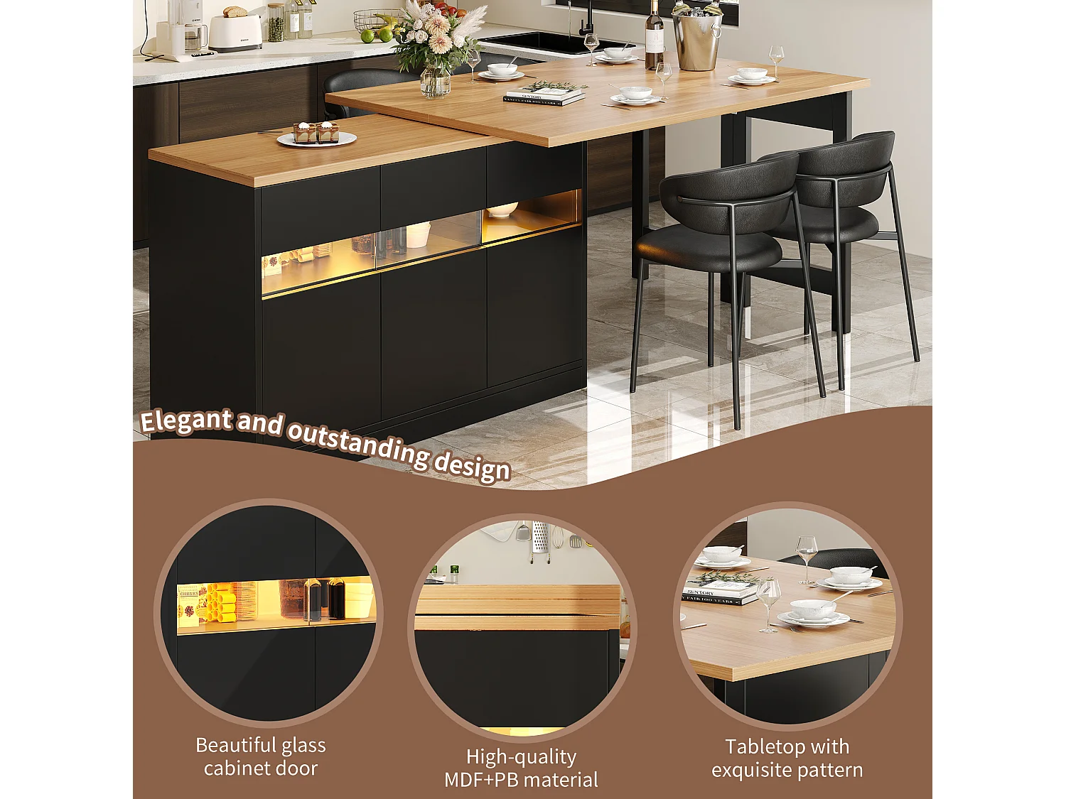 Extendable Kitchen Bar Cabinet - with LED Lighting - Large Tabletop - and 360° Rotation - 180x79.5x71.5cm - 3 Doors - Black