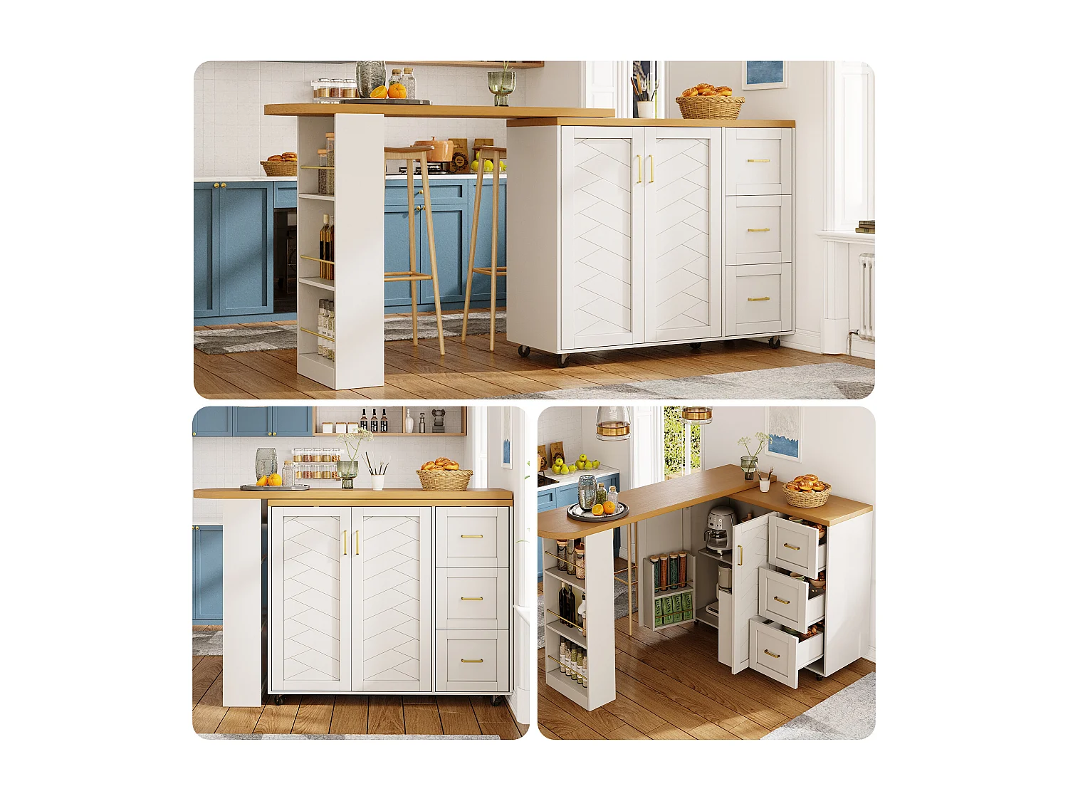 Extendable bar cabinet - swivel - 228x39x104cm - with 2 doors and 3 drawers - with side shelves - White