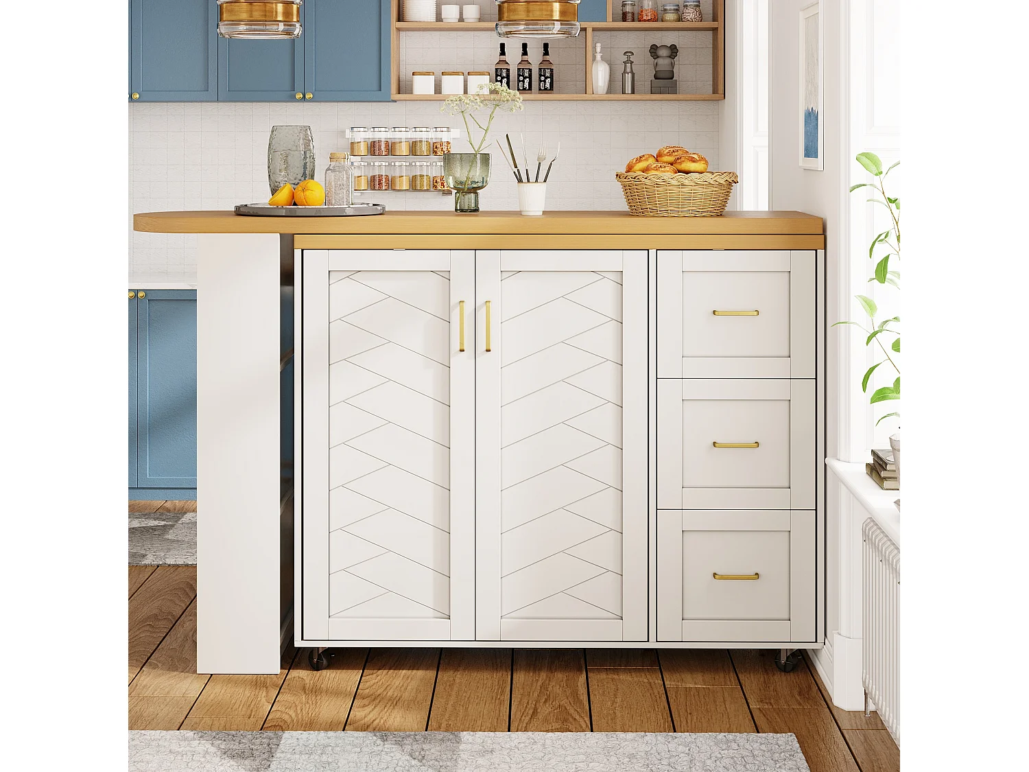 Extendable bar cabinet - swivel - 228x39x104cm - with 2 doors and 3 drawers - with side shelves - White