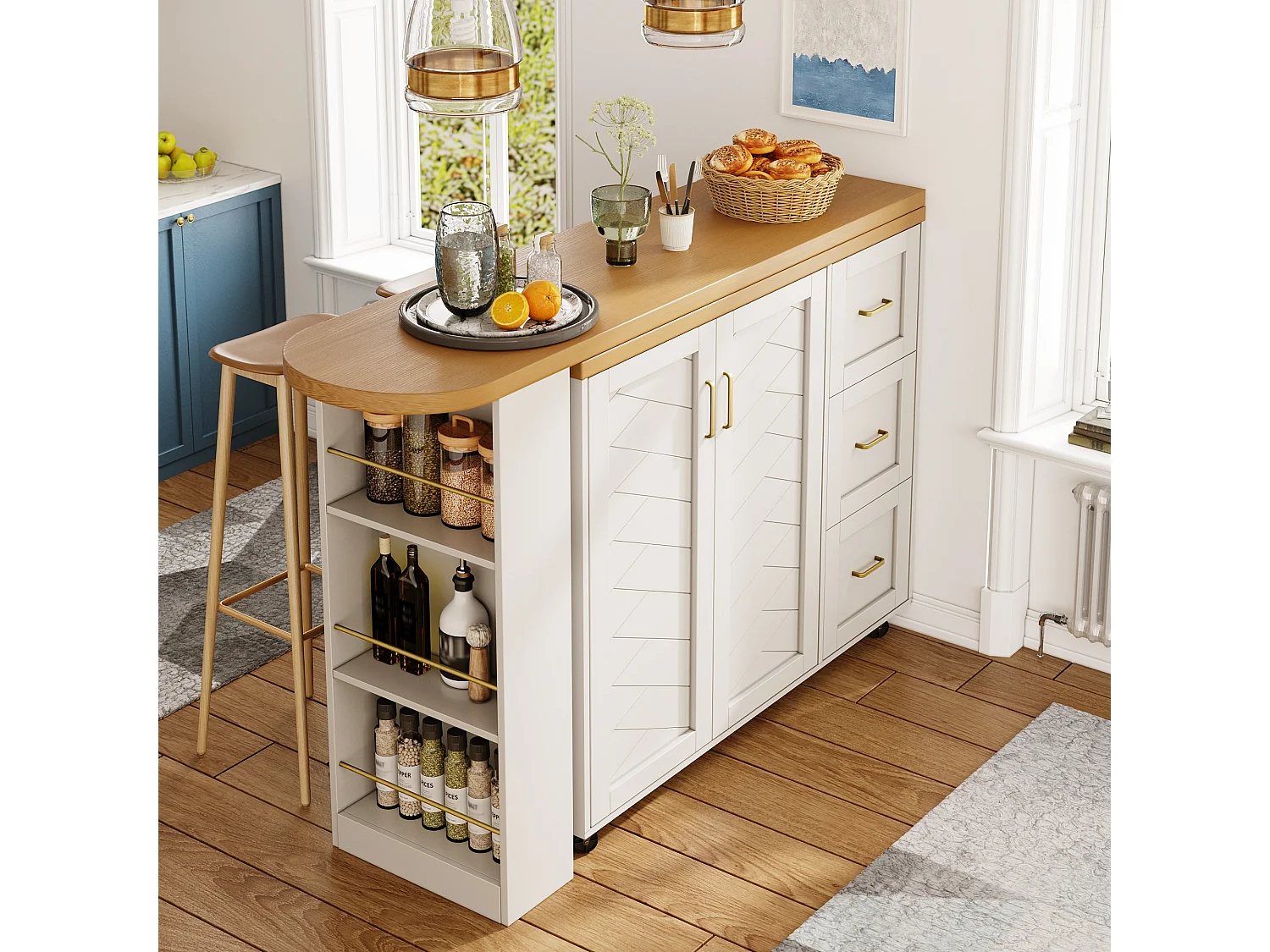 Extendable bar cabinet - swivel - 228x39x104cm - with 2 doors and 3 drawers - with side shelves - White
