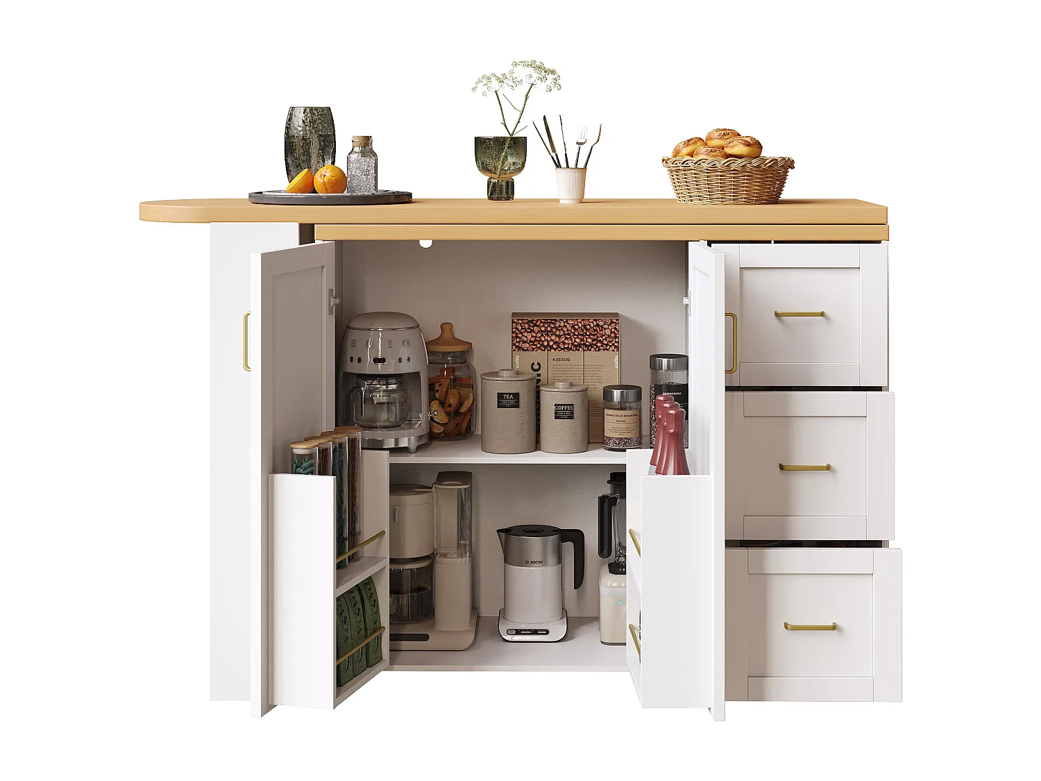 Extendable bar cabinet - swivel - 228x39x104cm - with 2 doors and 3 drawers - with side shelves - White