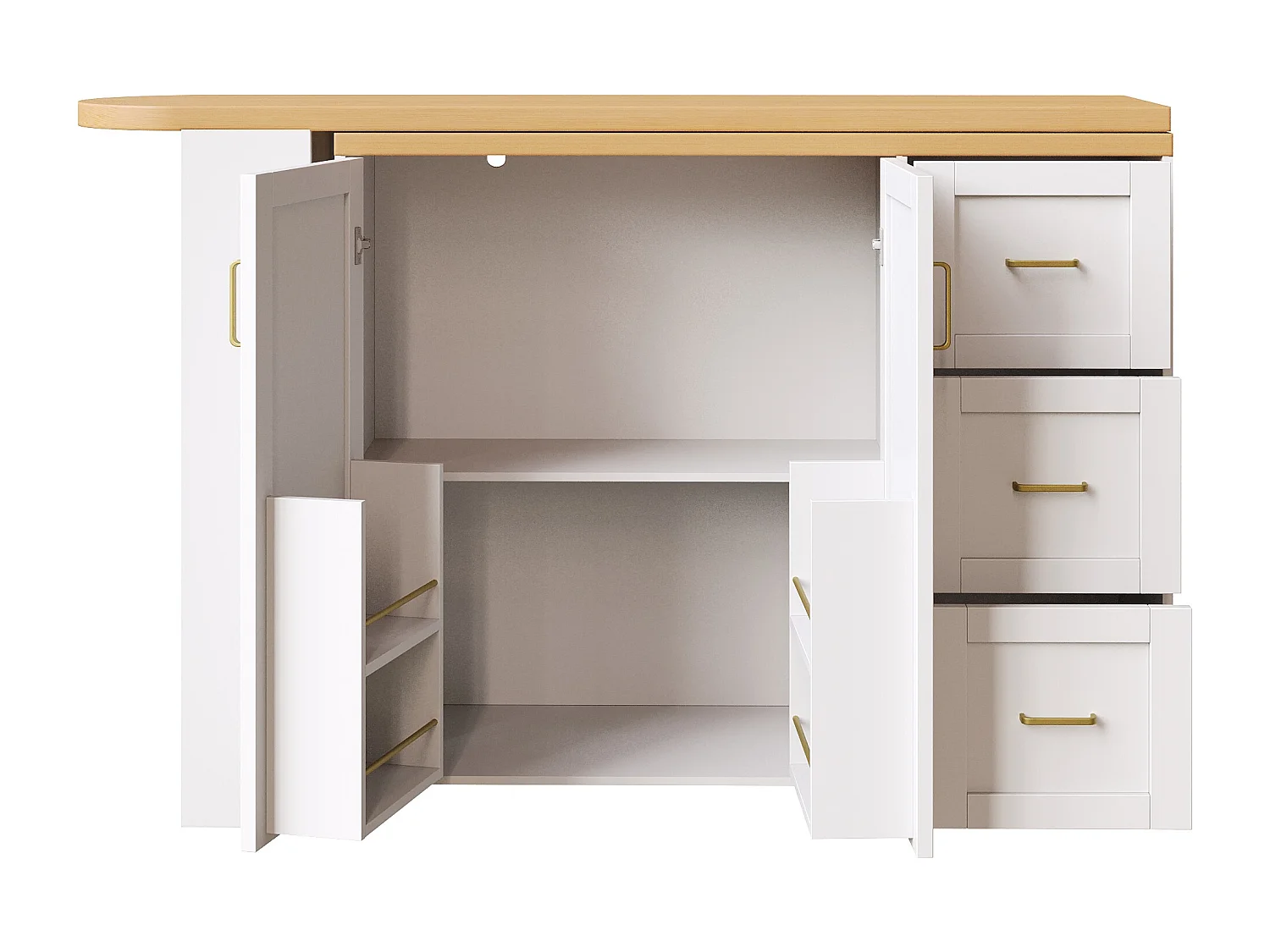 Extendable bar cabinet - swivel - 228x39x104cm - with 2 doors and 3 drawers - with side shelves - White