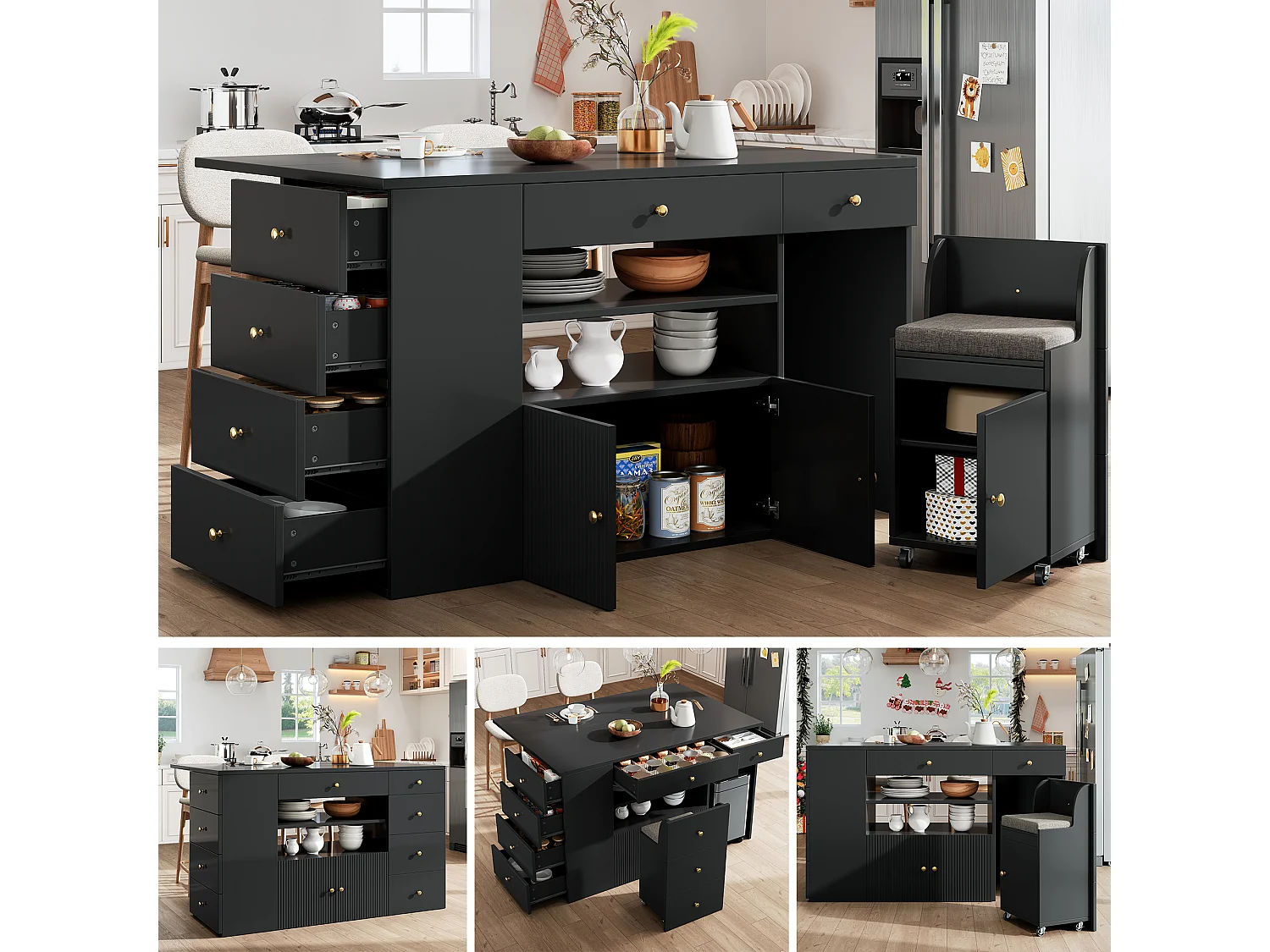 Kitchen Island - Extendable Top - 140x70x89cm - 3 Doors and 6 Drawers - with Stools - MDF - Black