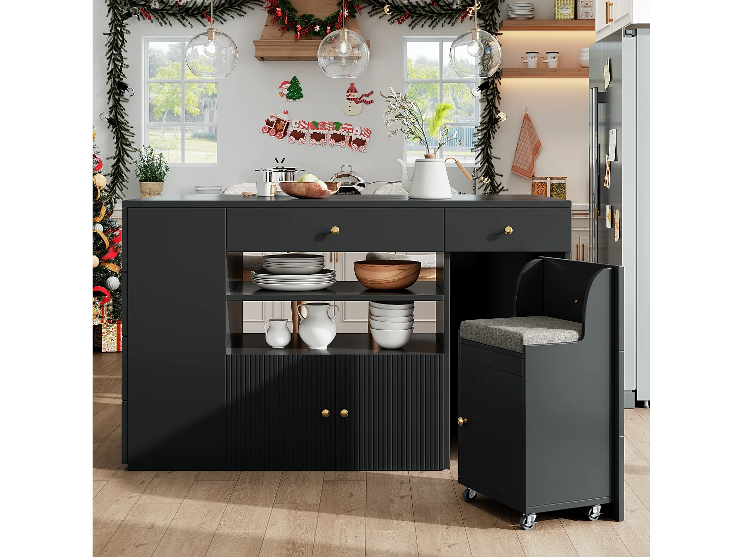 Kitchen Island - Extendable Top - 140x70x89cm - 3 Doors and 6 Drawers - with Stools - MDF - Black