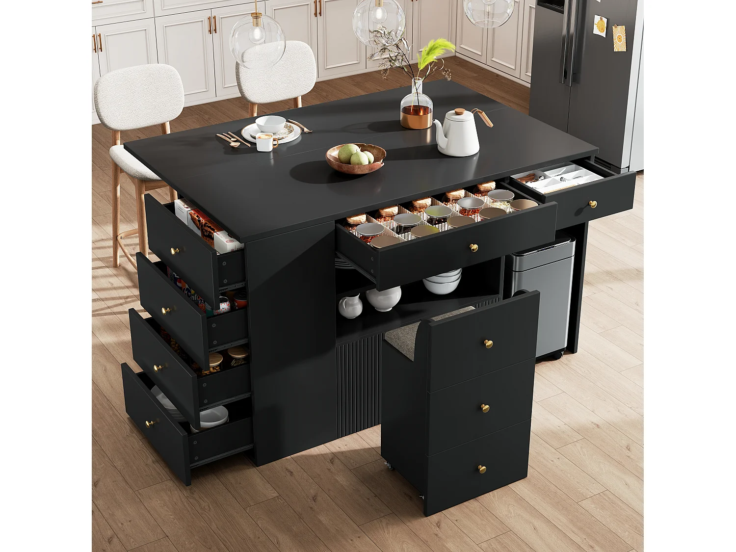 Kitchen Island - Extendable Top - 140x70x89cm - 3 Doors and 6 Drawers - with Stools - MDF - Black