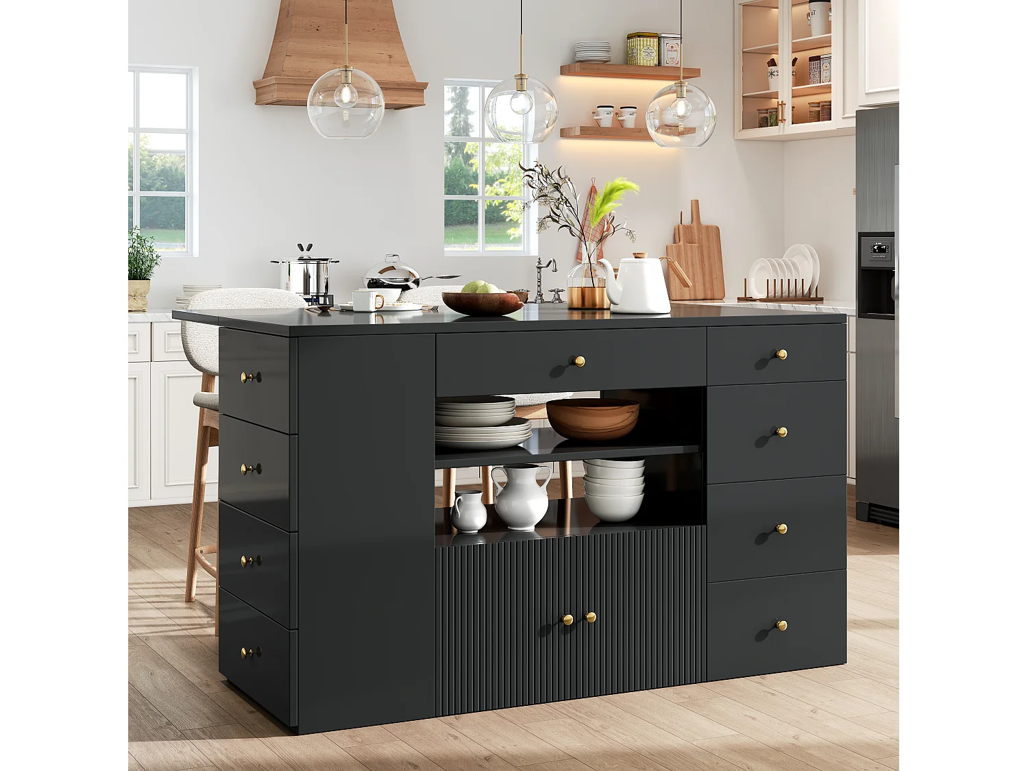 Kitchen Island - Extendable Top - 140x70x89cm - 3 Doors and 6 Drawers - with Stools - MDF - Black