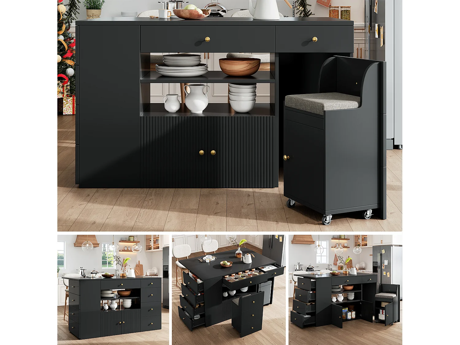 Kitchen Island - Extendable Top - 140x70x89cm - 3 Doors and 6 Drawers - with Stools - MDF - Black