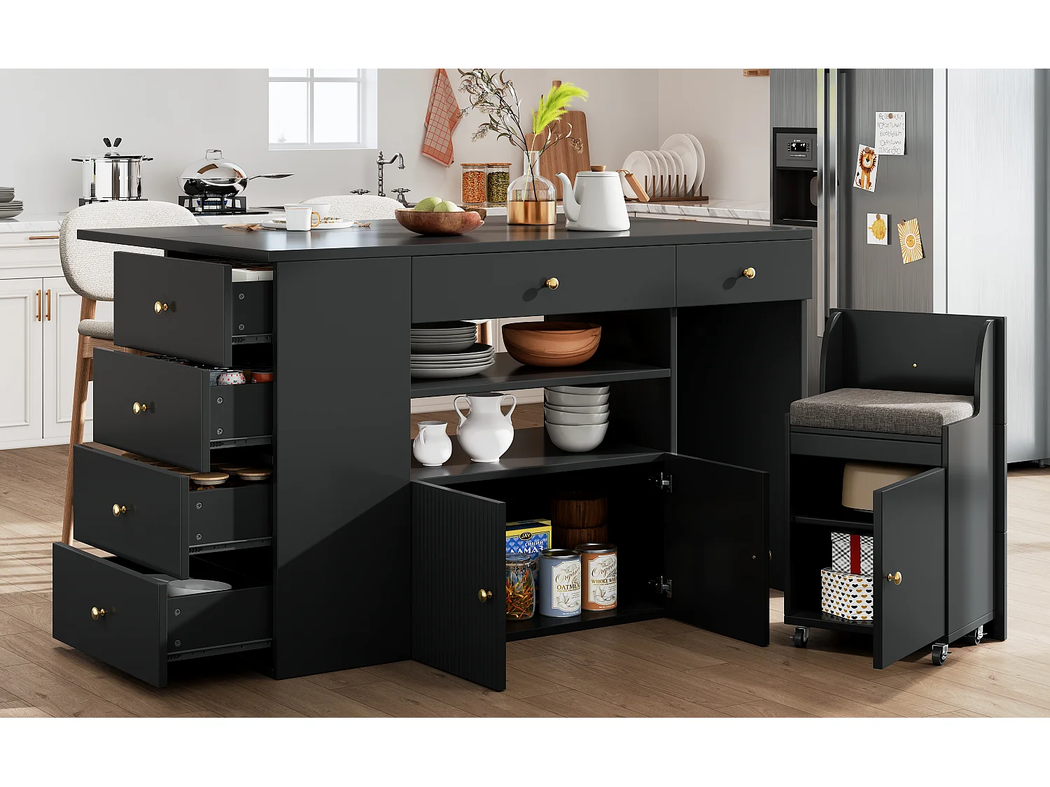 Kitchen Island - Extendable Top - 140x70x89cm - 3 Doors and 6 Drawers - with Stools - MDF - Black