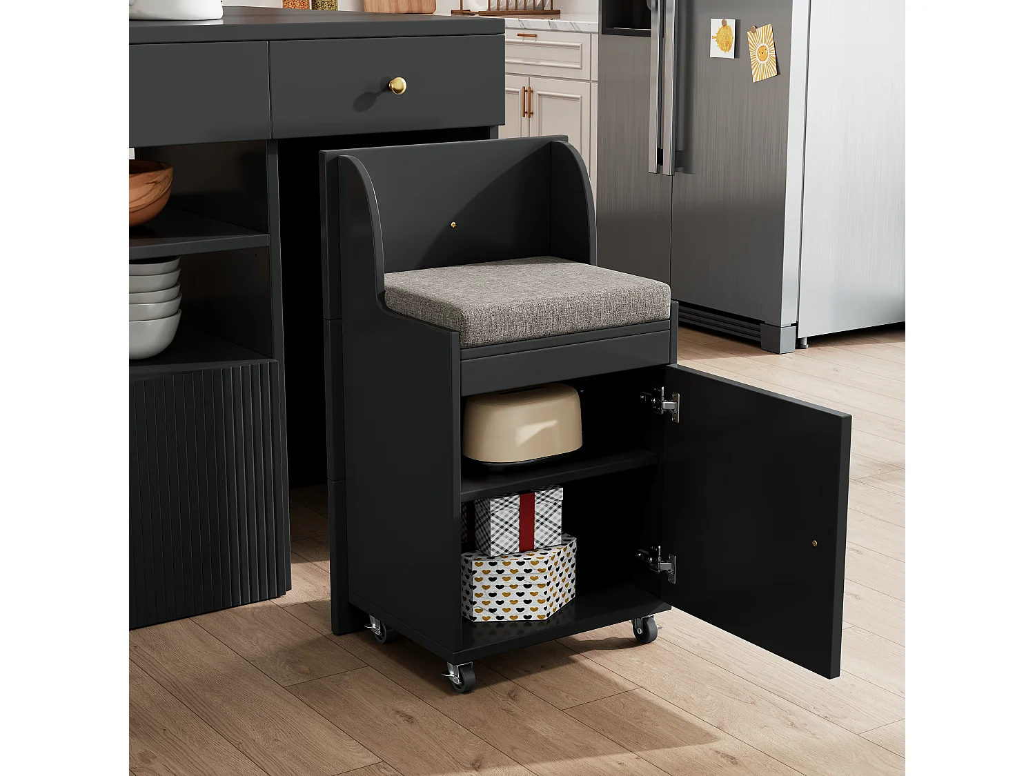 Kitchen Island - Extendable Top - 140x70x89cm - 3 Doors and 6 Drawers - with Stools - MDF - Black