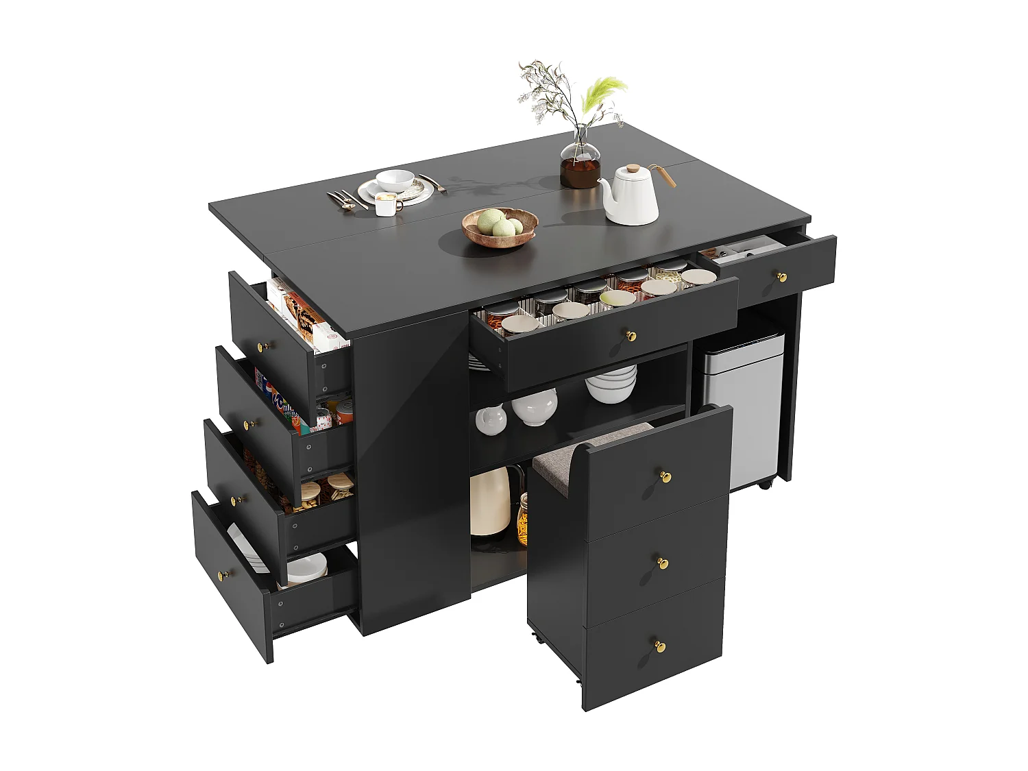 Kitchen Island - Extendable Top - 140x70x89cm - 3 Doors and 6 Drawers - with Stools - MDF - Black