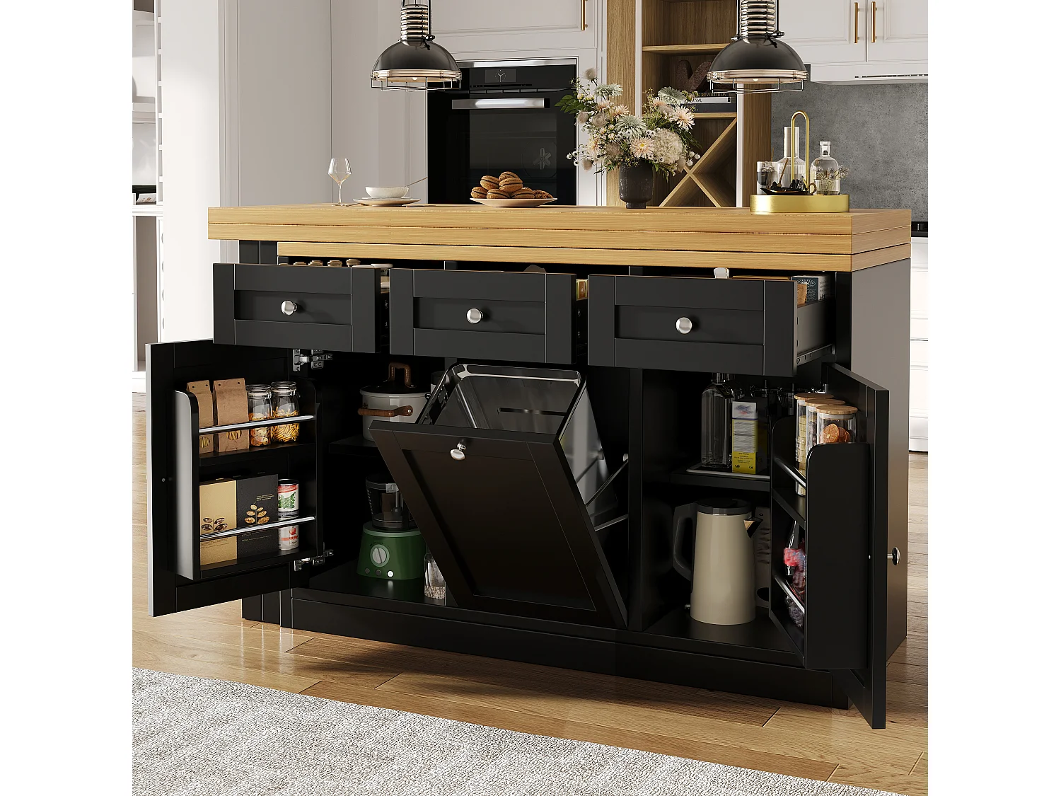 Extendable Bar Table 120-200 cm, Modular Dining Table with Drawer and Door Storage for Snacks - Black