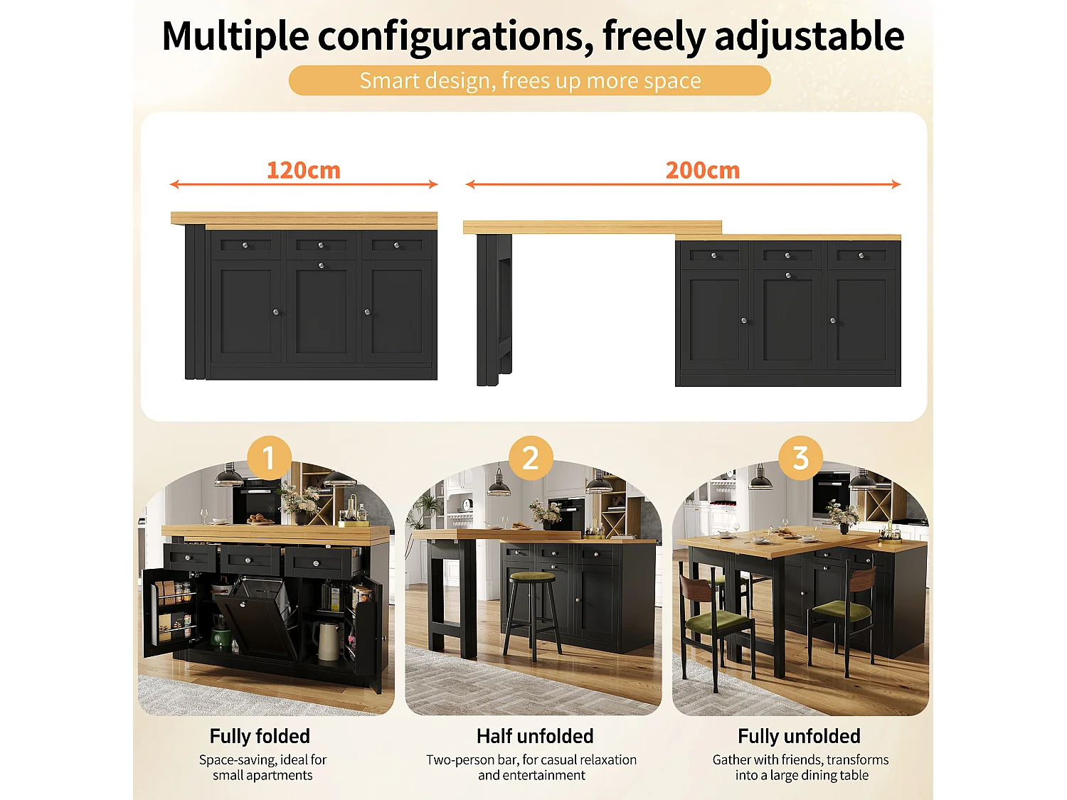 Extendable Bar Table 120-200 cm, Modular Dining Table with Drawer and Door Storage for Snacks - Black