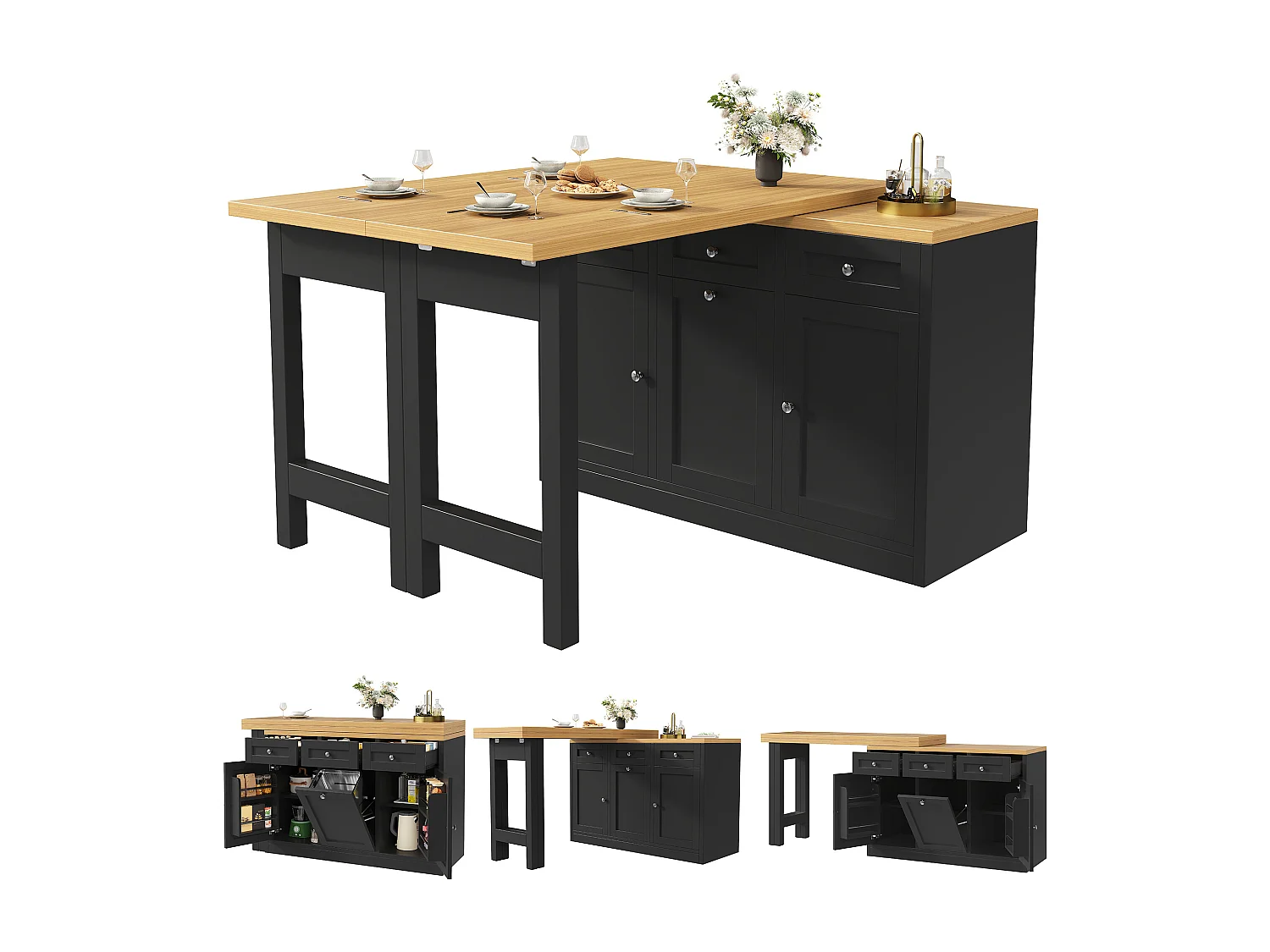 Extendable Bar Table 120-200 cm, Modular Dining Table with Drawer and Door Storage for Snacks - Black