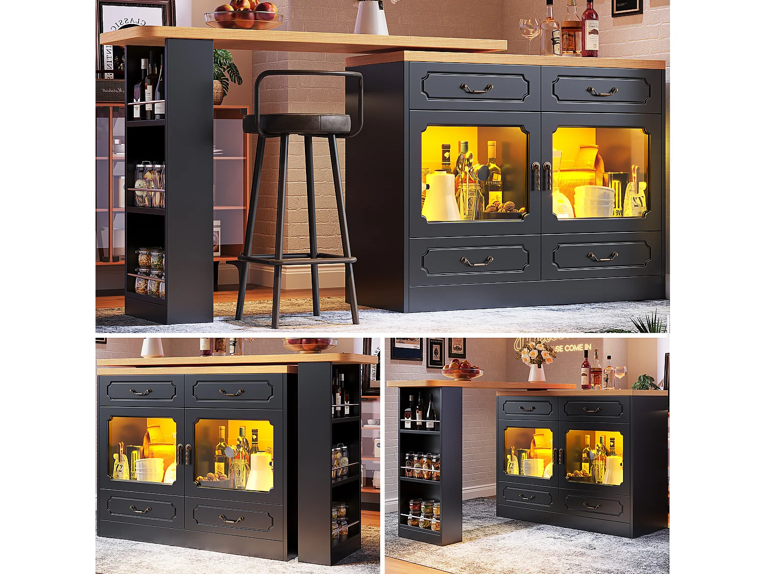 Modern 360° Rotating Bar Cabinet - with LED Lighting - 203x39x93cm - 4 Drawers and 2 Doors - with Side Shelves - Black