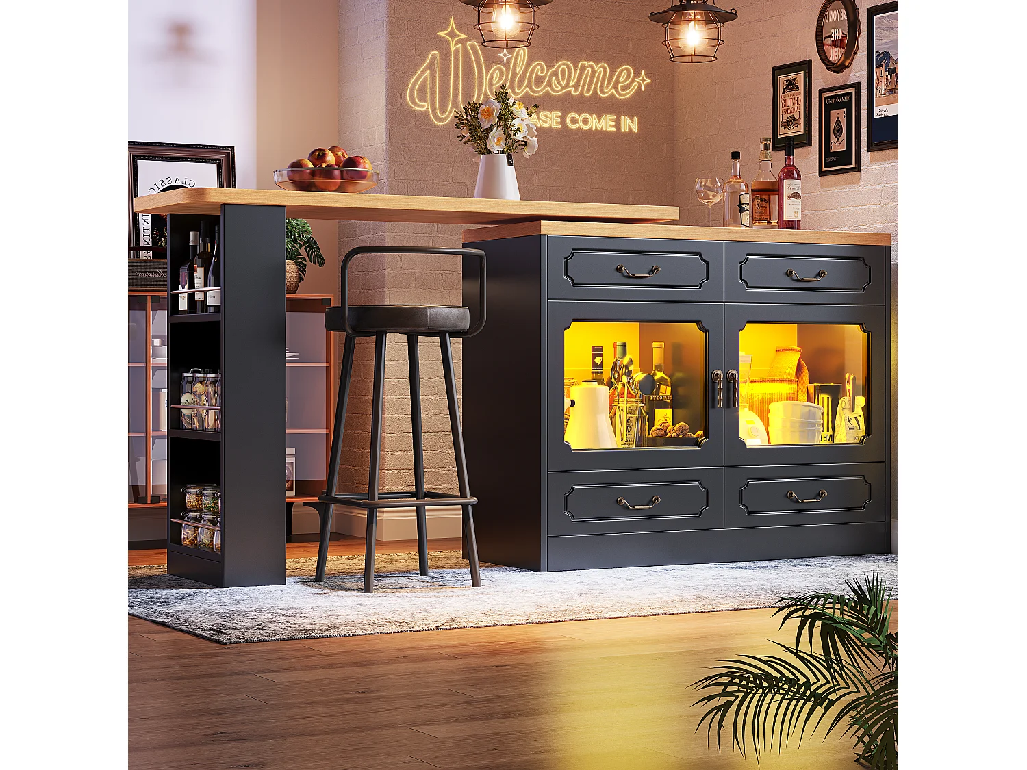 Modern 360° Rotating Bar Cabinet - with LED Lighting - 203x39x93cm - 4 Drawers and 2 Doors - with Side Shelves - Black