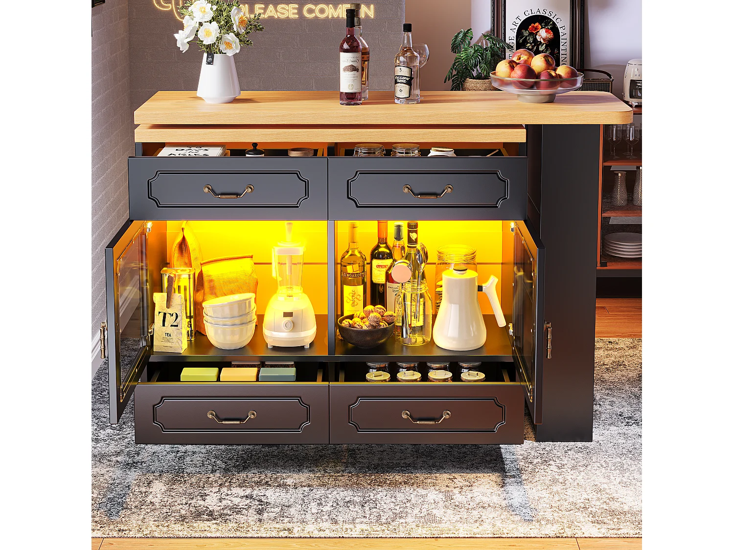 Modern 360° Rotating Bar Cabinet - with LED Lighting - 203x39x93cm - 4 Drawers and 2 Doors - with Side Shelves - Black