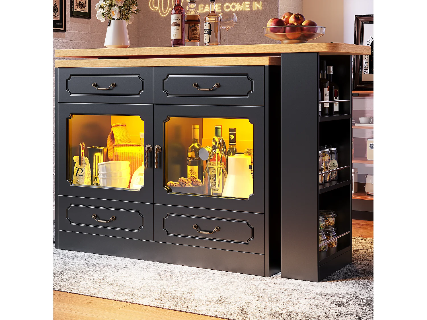Modern 360° Rotating Bar Cabinet - with LED Lighting - 203x39x93cm - 4 Drawers and 2 Doors - with Side Shelves - Black
