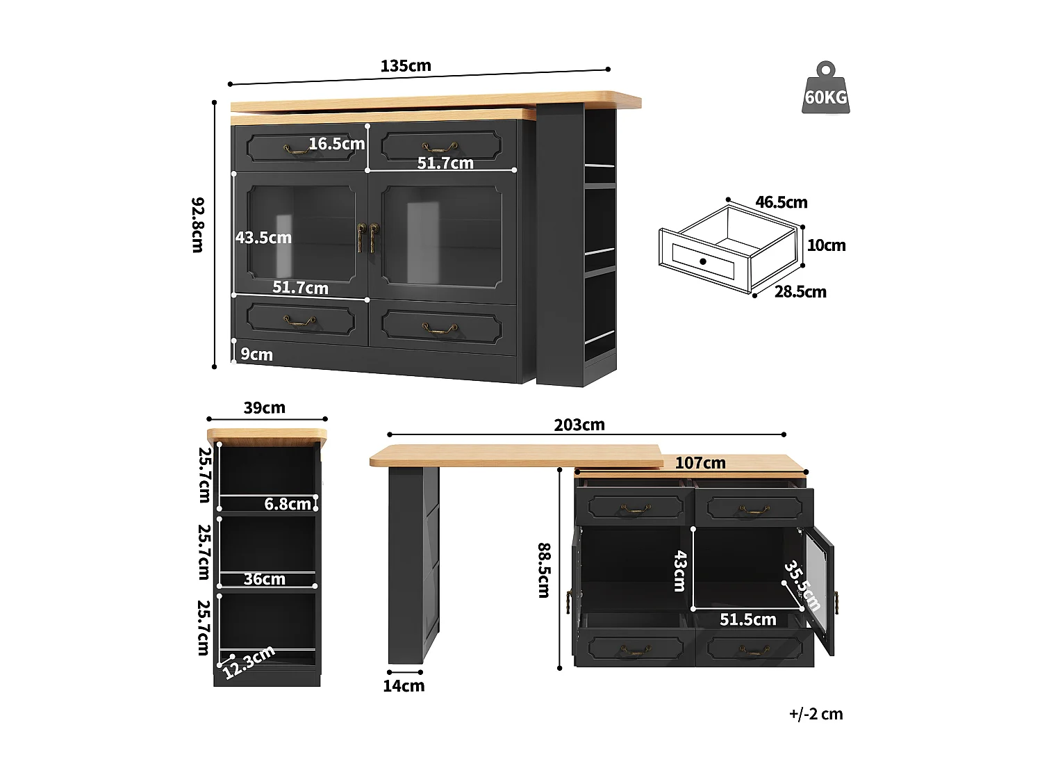 Modern 360° Rotating Bar Cabinet - with LED Lighting - 203x39x93cm - 4 Drawers and 2 Doors - with Side Shelves - Black