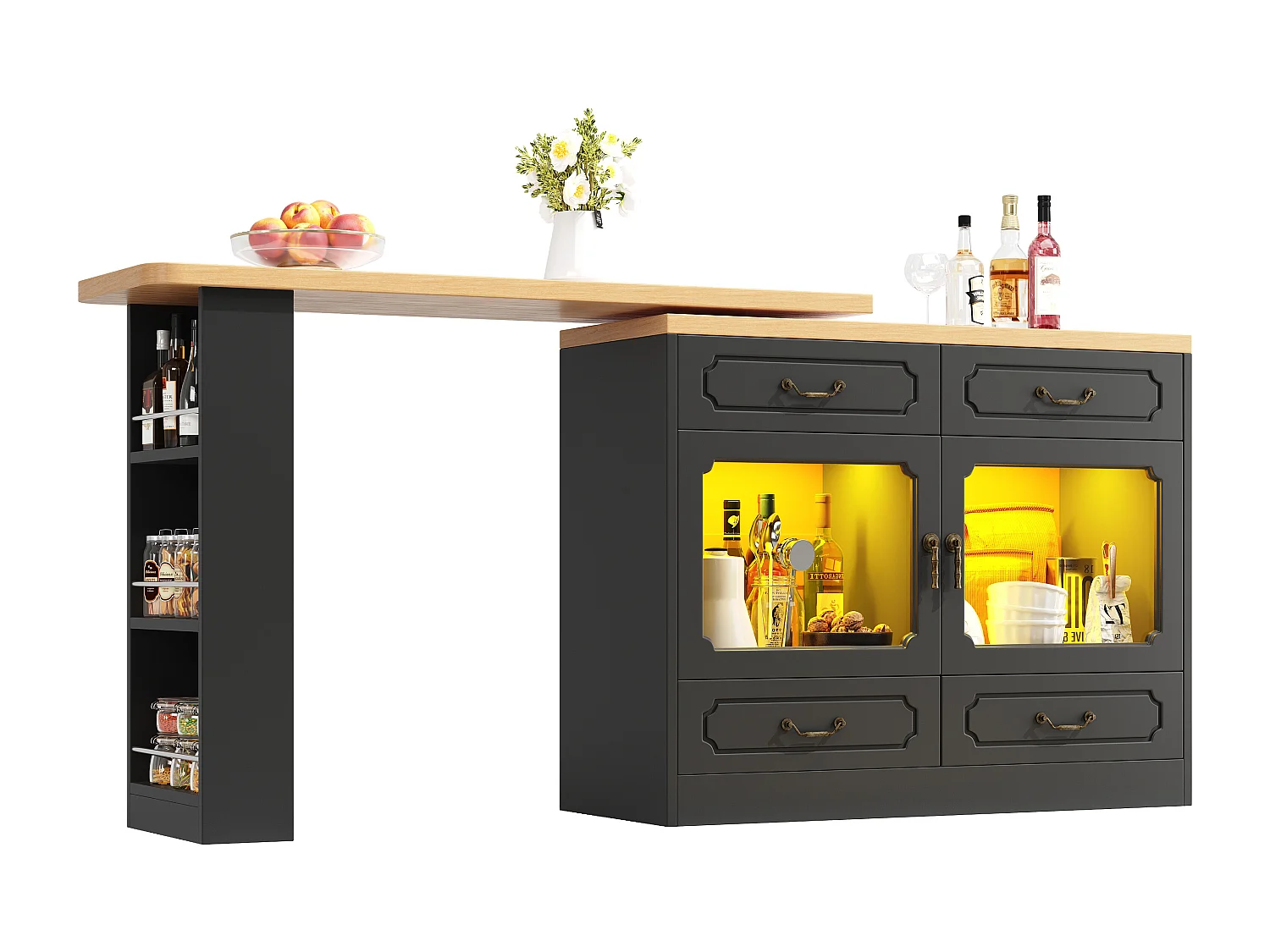 Modern 360° Rotating Bar Cabinet - with LED Lighting - 203x39x93cm - 4 Drawers and 2 Doors - with Side Shelves - Black