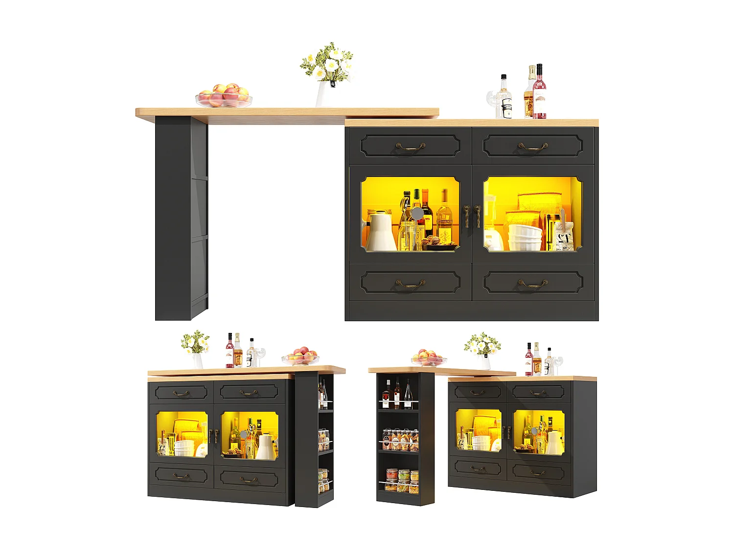 Modern 360° Rotating Bar Cabinet - with LED Lighting - 203x39x93cm - 4 Drawers and 2 Doors - with Side Shelves - Black