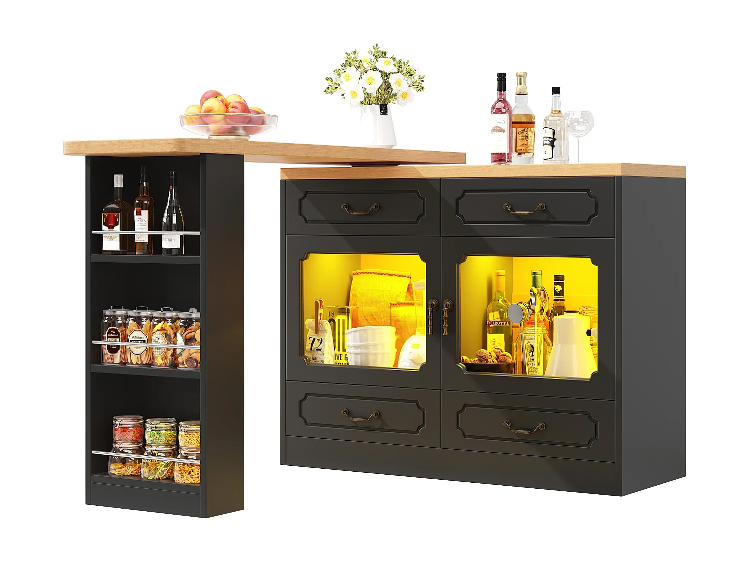 Modern 360° Rotating Bar Cabinet - with LED Lighting - 203x39x93cm - 4 Drawers and 2 Doors - with Side Shelves - Black